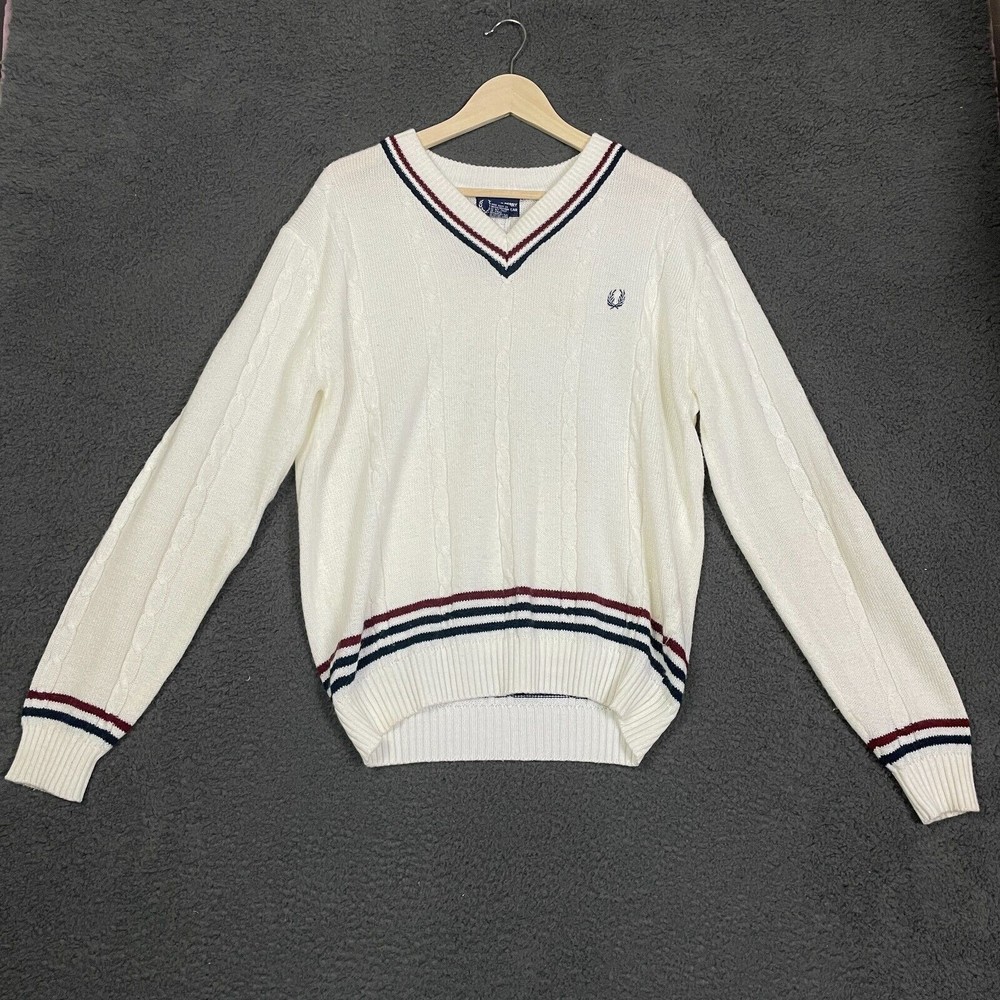Fred Perry Sweater Adult Large White V Neck Vintage Cable Knit Pullover